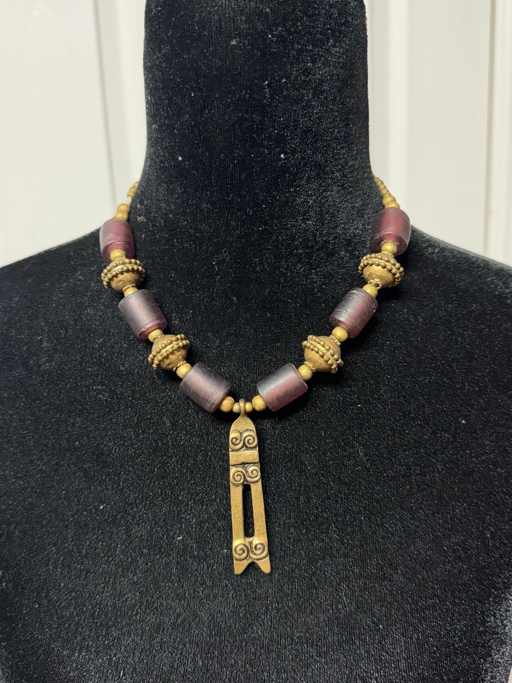 Handcrafted Purple and Gold Boho Pendant Necklace